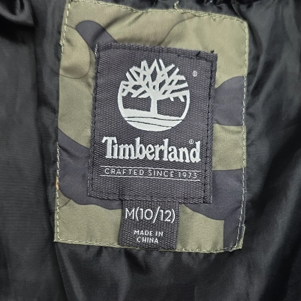 Timberland Boys Camouflage Hooded Puffer Jacket M (10/12) Green Black Orange